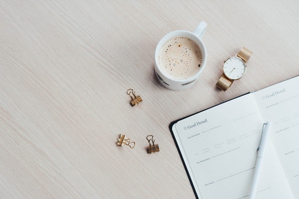 10 Year Plan - Vision Setting 3 Goal diary with mug of coffee and watch