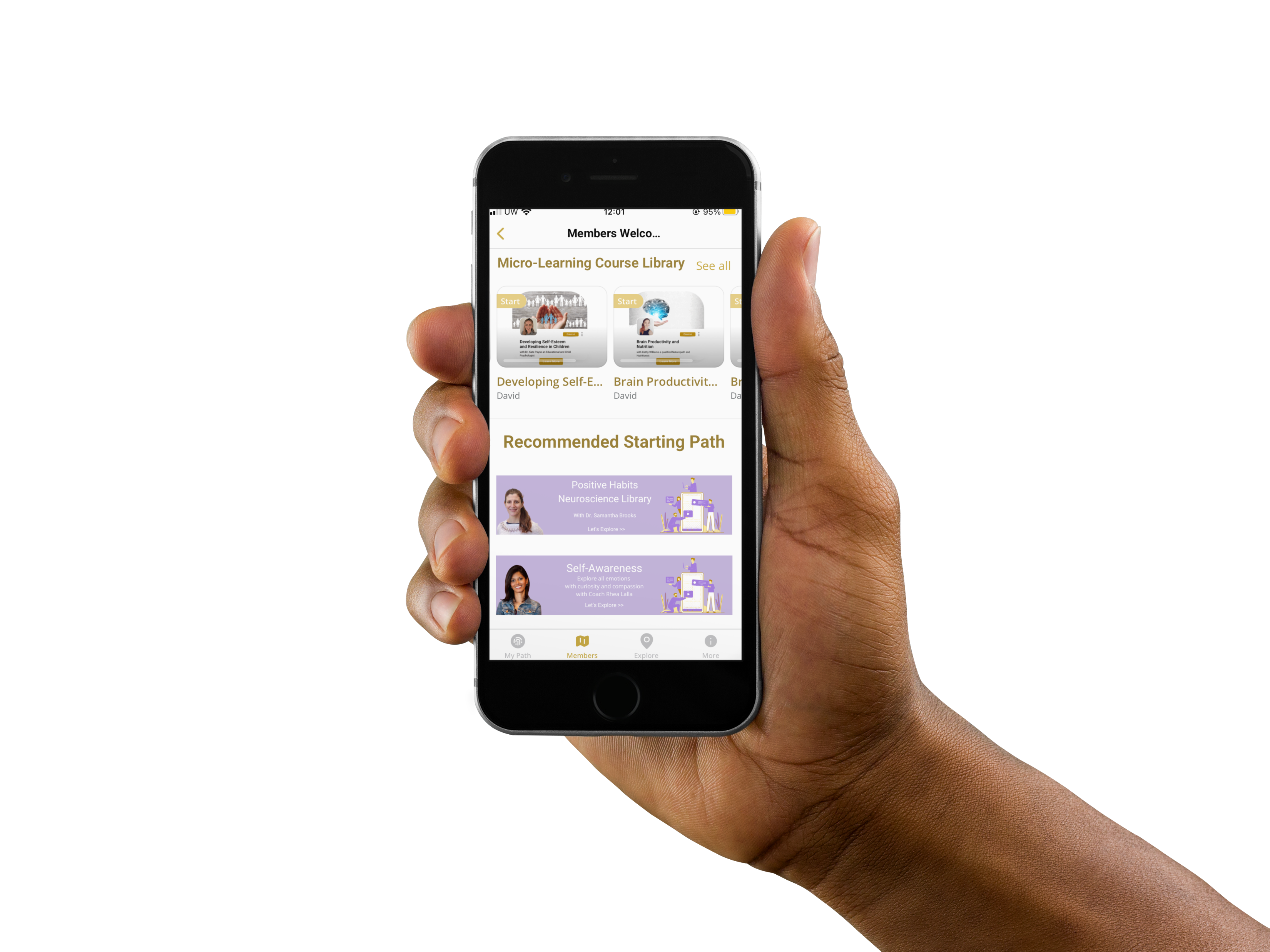 Memberships 8 iphone mockup being held in portrait position by a black man a11093