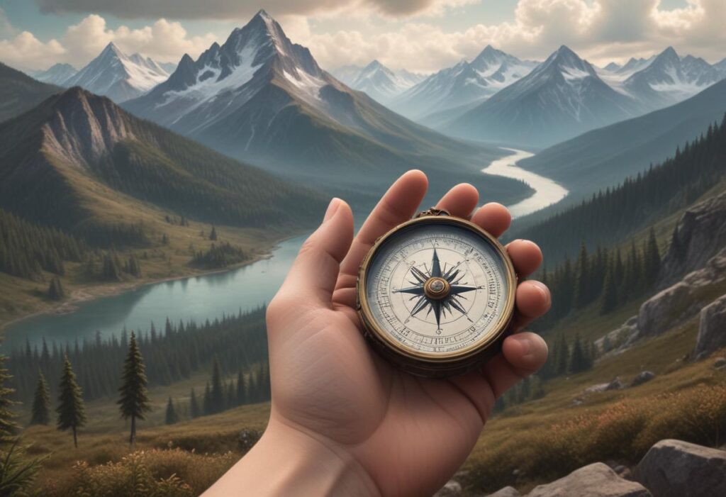 pikaso texttoimage fantasy Hand holding a compass overlooking a beaut