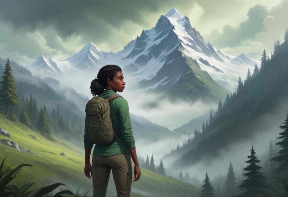 pikaso texttoimage fantasy One black female hiker green shirt standin