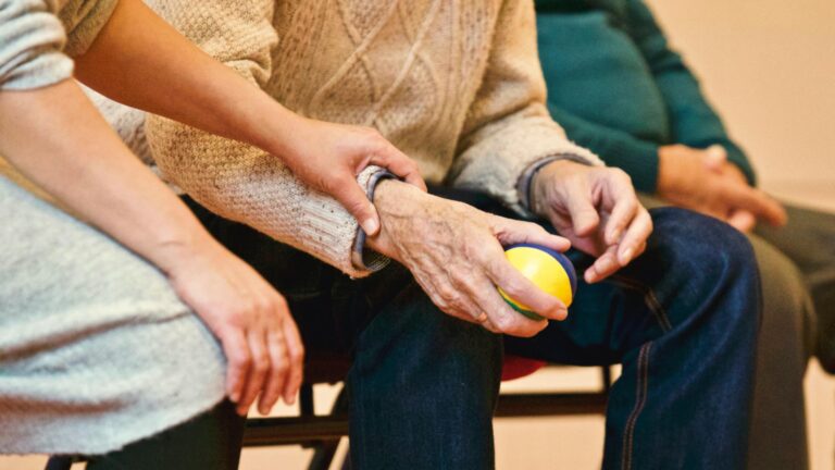 Blog 33 An elderly person receives support from a caregiver, holding hands indoors, showcasing compassion.