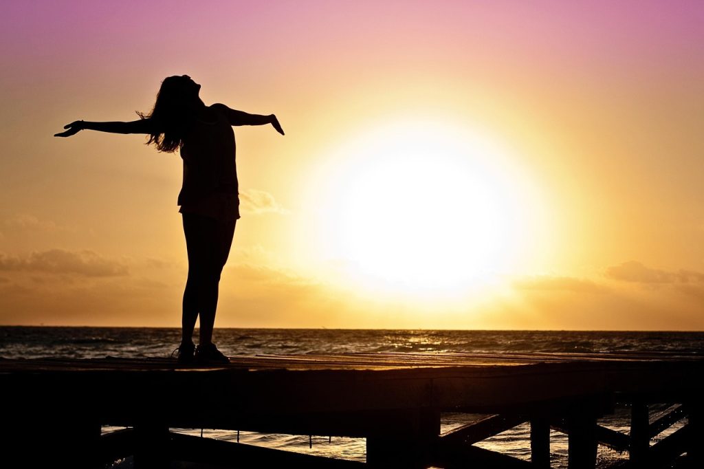 woman, girl, freedom, happy, sun, silhouette, sunrise, beach, sunset, dusk, nature, dawn, twilight
