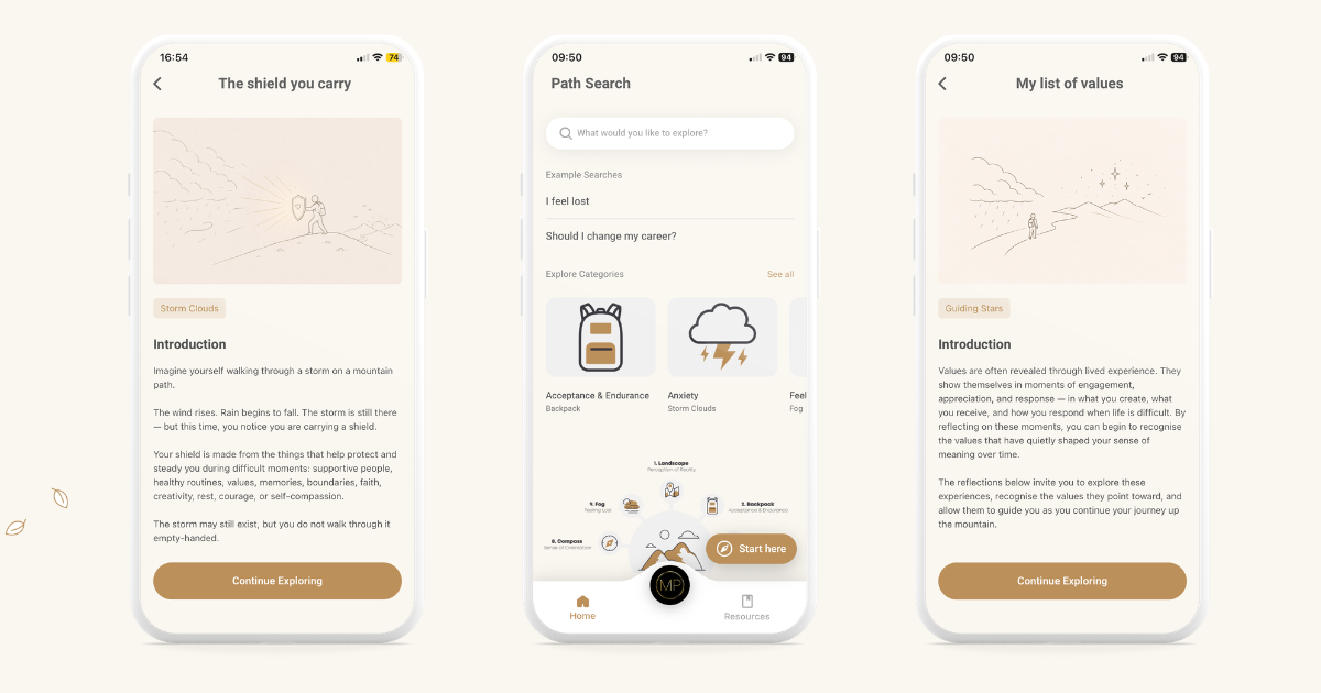 Meaningful Paths app screens