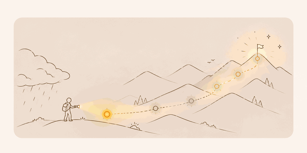 A hiker shining a torch across a mountain path, illuminating milestones towards the summit